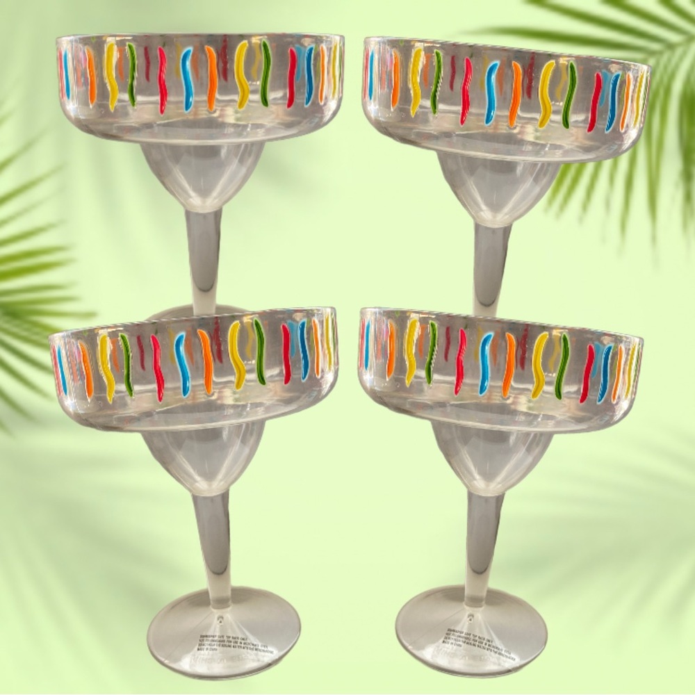 Set of 4 Plastic/Acrylic Margarita Cocktail Glasses w/Colorful Rim Design | EUC